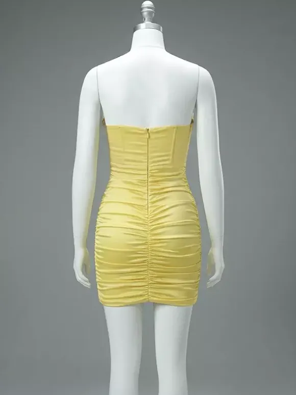 Robe de soirée mini jaune sans bretelles sexy semi-corset en satin moulant robe de soirée formelle pour boîte de nuit