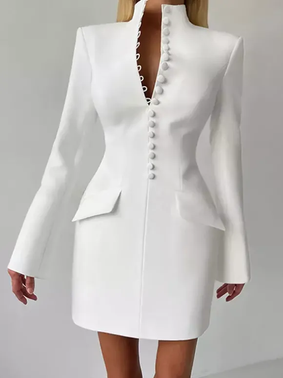 Robe de soirée mini élégante à col V poches boutonnées et coupe ajustée
