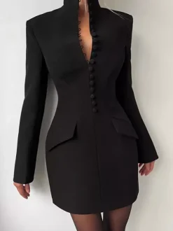Robe de soirée mini élégante à col V poches boutonnées et coupe ajustée