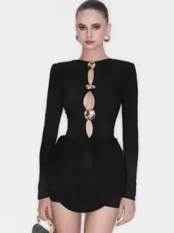 Robe de soirée mini noire à col bijou et manches longues découpées robe sexy semi-formelle