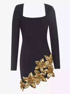 Robe de soirée mini noire à col rond et manches longues ornée de fleurs style semi-formel et sexy