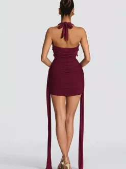 Robe de soirée mini noire à col V lacé sans manches dos nu robe sexy semi-formelle