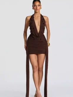Robe de soirée mini noire à col V lacé sans manches dos nu robe sexy semi-formelle