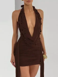 Robe de soirée mini noire à col V lacé sans manches dos nu robe sexy semi-formelle