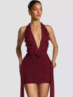 Robe de soirée mini noire à col V lacé sans manches dos nu robe sexy semi-formelle
