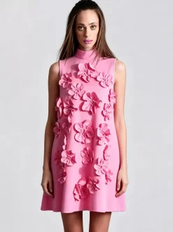 Robe de soirée mini rose à col montant fleuri sans manches style décontracté semi-formel