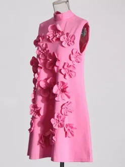 Robe de soirée mini rose à col montant fleuri sans manches style décontracté semi-formel