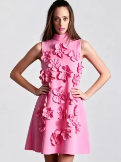 Robe de soirée mini rose à col montant fleuri sans manches style décontracté semi-formel