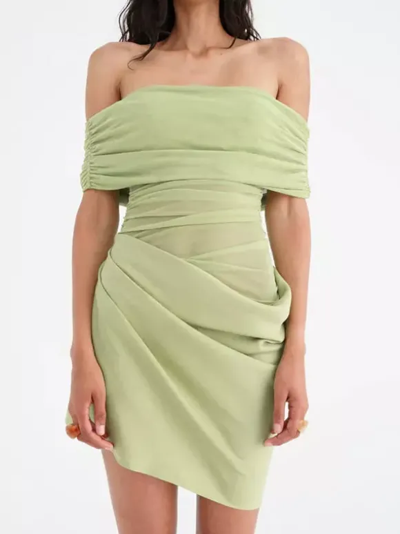 Robe de soirée mini verte sans bretelles plissée sans manches robe semi-formelle