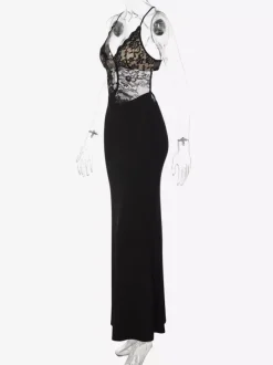 Robe de soirée noire à dos croisé et découpes en dentelle robe longue pour boîte de nuit