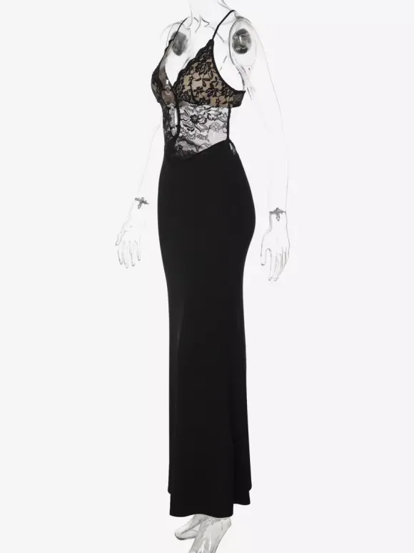 Robe de soirée noire à dos croisé et découpes en dentelle robe longue pour boîte de nuit