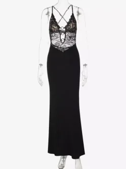 Robe de soirée noire à dos croisé et découpes en dentelle robe longue pour boîte de nuit