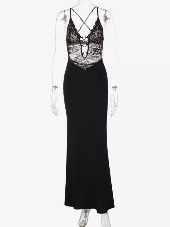 Robe de soirée noire à dos croisé et découpes en dentelle robe longue pour boîte de nuit