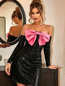 Robe de soirée noire à sequins épaules dénudées manches longues coupe sexy.
