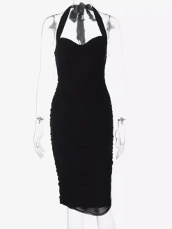 Robe de soirée noire dos nu décolleté c艙ur froncée et fendue robe midi pour boîte de nuit ou tenue de ville