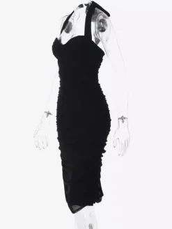 Robe de soirée noire dos nu décolleté c艙ur froncée et fendue robe midi pour boîte de nuit ou tenue de ville