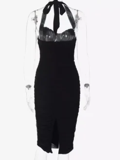 Robe de soirée noire dos nu décolleté c艙ur froncée et fendue robe midi pour boîte de nuit ou tenue de ville