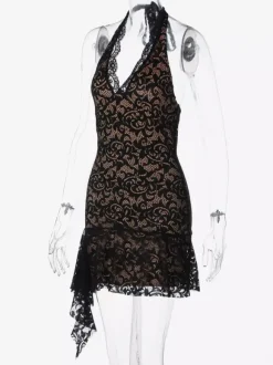 Robe de soirée noire en dentelle dos nu décolleté en V profond mini-robe moulante à volants tenue idéale pour les fêtes en boîte de nuit