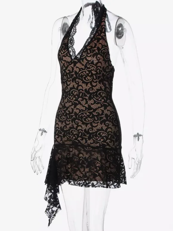 Robe de soirée noire en dentelle dos nu décolleté en V profond mini-robe moulante à volants tenue idéale pour les fêtes en boîte de nuit