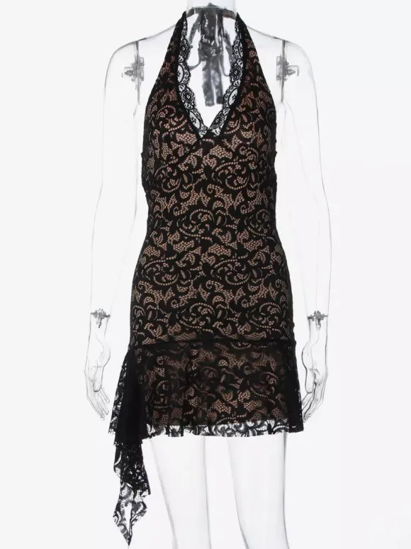 Robe de soirée noire en dentelle dos nu décolleté en V profond mini-robe moulante à volants tenue idéale pour les fêtes en boîte de nuit