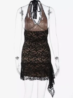 Robe de soirée noire en dentelle dos nu décolleté en V profond mini-robe moulante à volants tenue idéale pour les fêtes en boîte de nuit