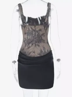 Robe de soirée noire en dentelle corset bustier jupe froncée en satin mini-robe moulante pour sortir