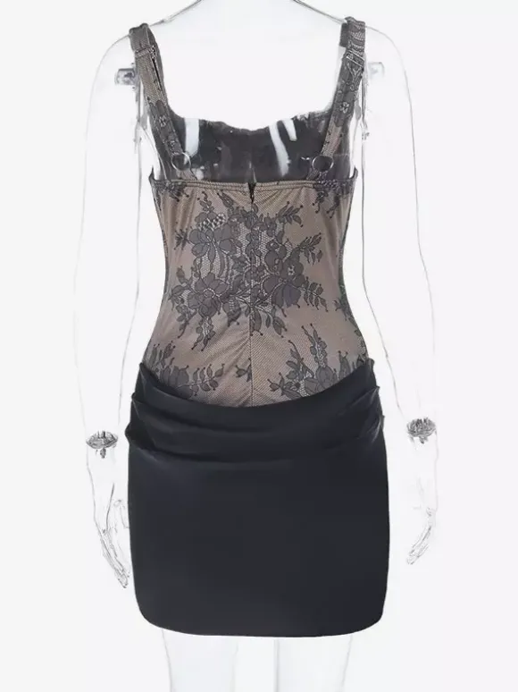 Robe de soirée noire en dentelle corset bustier jupe froncée en satin mini-robe moulante pour sortir