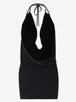 Robe de soirée noire moulante mini à dos nu et ornée de rivets tenue de boîte de nuit