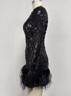 Robe de soirée pour femme noire asymétrique à sequins manches longues sexy