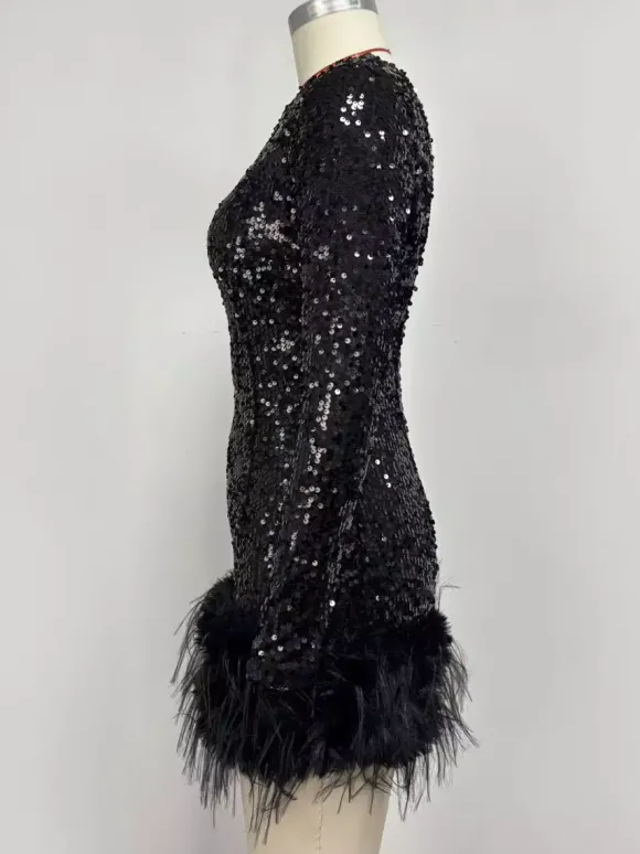 Robe de soirée pour femme noire asymétrique à sequins manches longues sexy