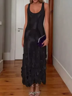 Robe de soirée pour femme col rond volants sexy sans manches dorée