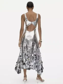 Robe de soirée pour femme col rond volants sexy sans manches dorée