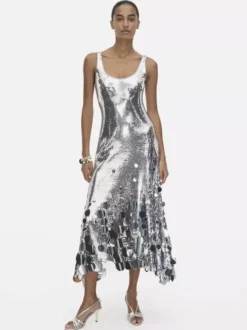Robe de soirée pour femme col rond volants sexy sans manches dorée