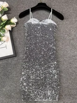 Robe de soirée pour femme noire à bretelles col à sequins sans manches en polyester sexy