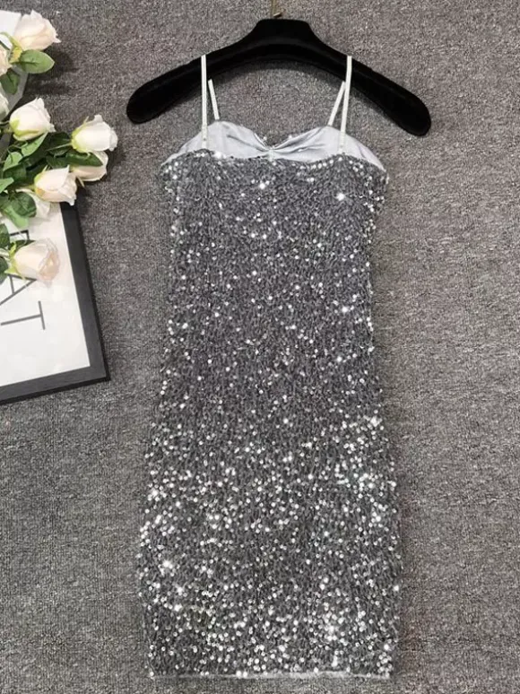Robe de soirée pour femme noire à bretelles col à sequins sans manches en polyester sexy