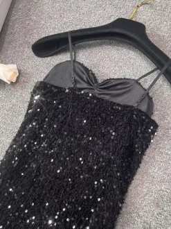 Robe de soirée pour femme noire à bretelles col à sequins sans manches en polyester sexy