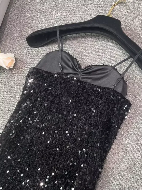 Robe de soirée pour femme noire à bretelles col à sequins sans manches en polyester sexy