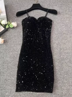 Robe de soirée pour femme noire à bretelles col à sequins sans manches en polyester sexy