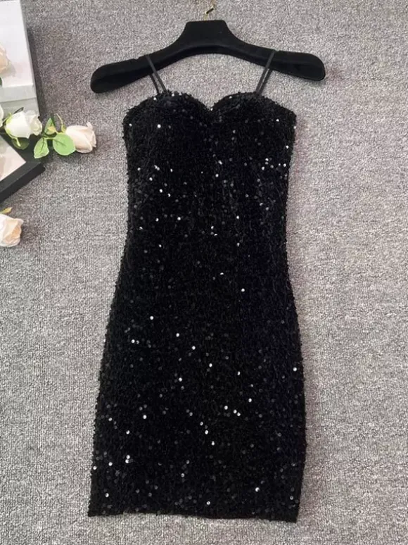 Robe de soirée pour femme noire à bretelles col à sequins sans manches en polyester sexy