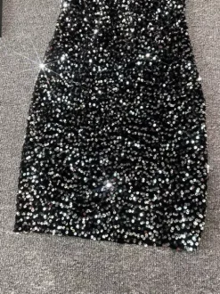 Robe de soirée pour femme noire à bretelles col à sequins sans manches en polyester sexy
