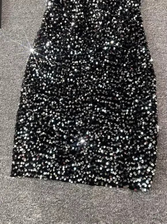 Robe de soirée pour femme noire à bretelles col à sequins sans manches en polyester sexy