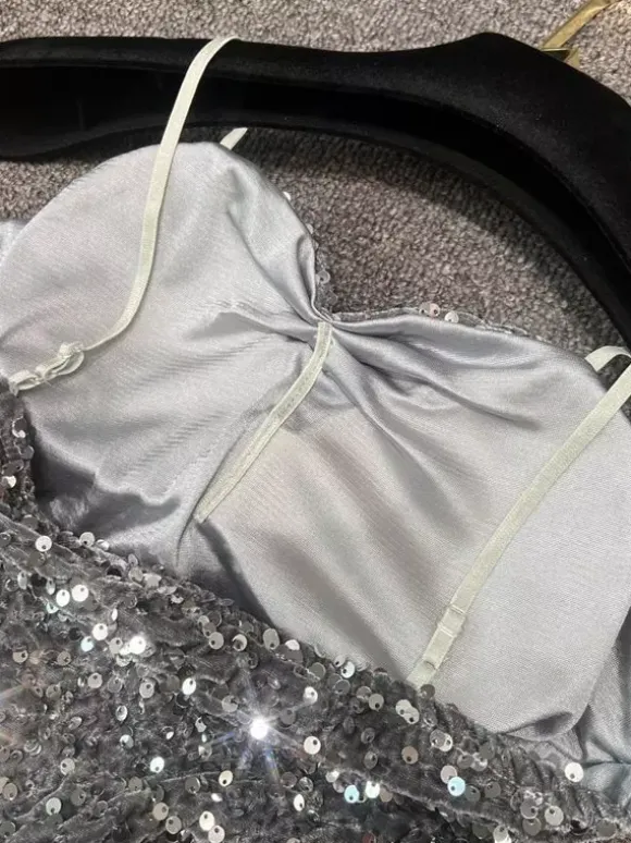 Robe de soirée pour femme noire à bretelles col à sequins sans manches en polyester sexy