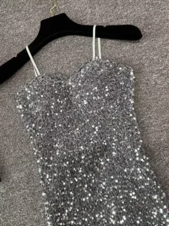 Robe de soirée pour femme noire à bretelles col à sequins sans manches en polyester sexy