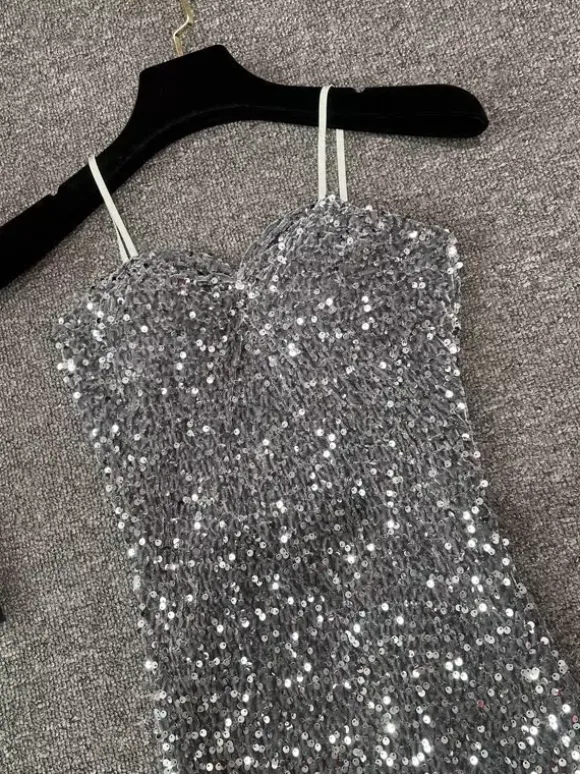 Robe de soirée pour femme noire à bretelles col à sequins sans manches en polyester sexy