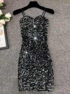 Robe de soirée pour femme noire à bretelles col à sequins sans manches en polyester sexy