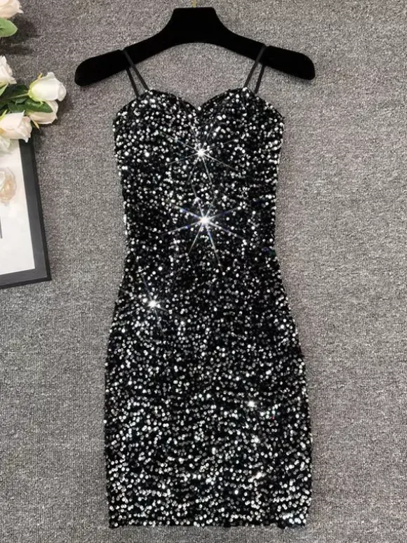 Robe de soirée pour femme noire à bretelles col à sequins sans manches en polyester sexy