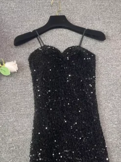 Robe de soirée pour femme noire à bretelles col à sequins sans manches en polyester sexy