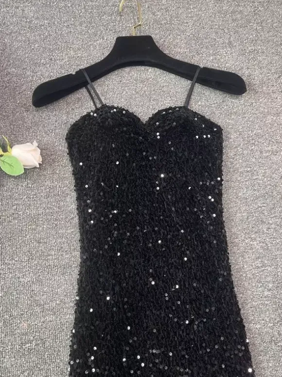 Robe de soirée pour femme noire à bretelles col à sequins sans manches en polyester sexy