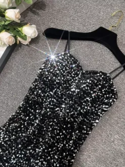 Robe de soirée pour femme noire à bretelles col à sequins sans manches en polyester sexy