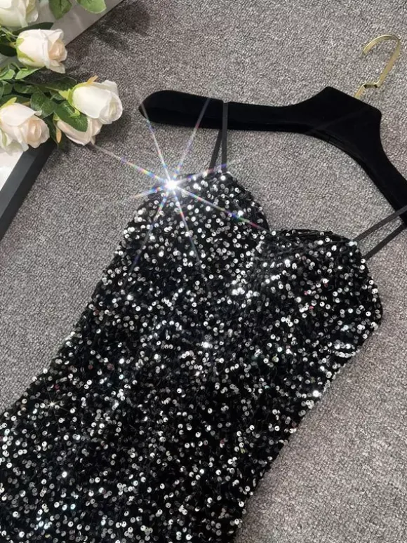 Robe de soirée pour femme noire à bretelles col à sequins sans manches en polyester sexy